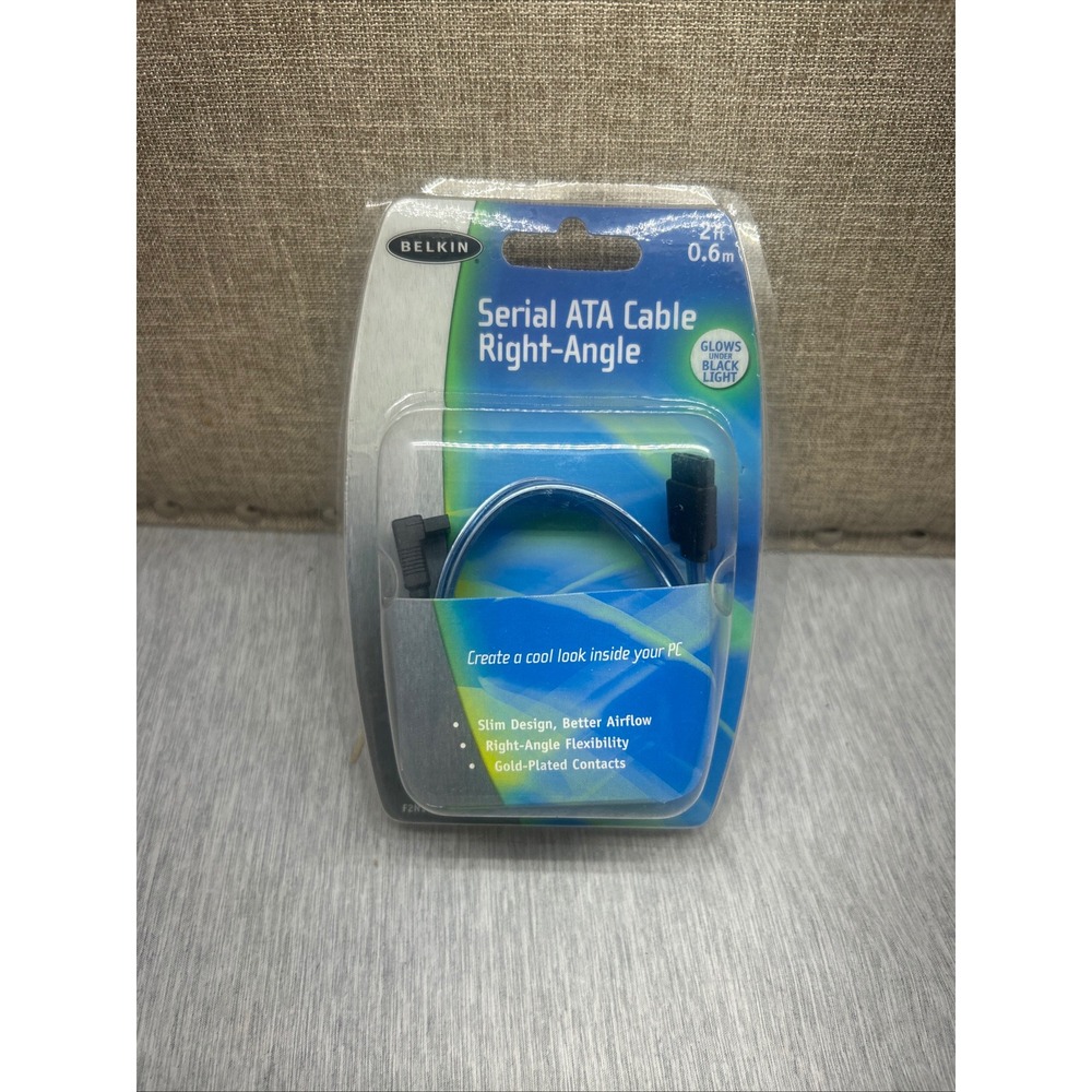 Belkin Serial ATA SATA Cable Right-Angle 2ft Blue UV Reactive F2N1169-02-BLU NEW